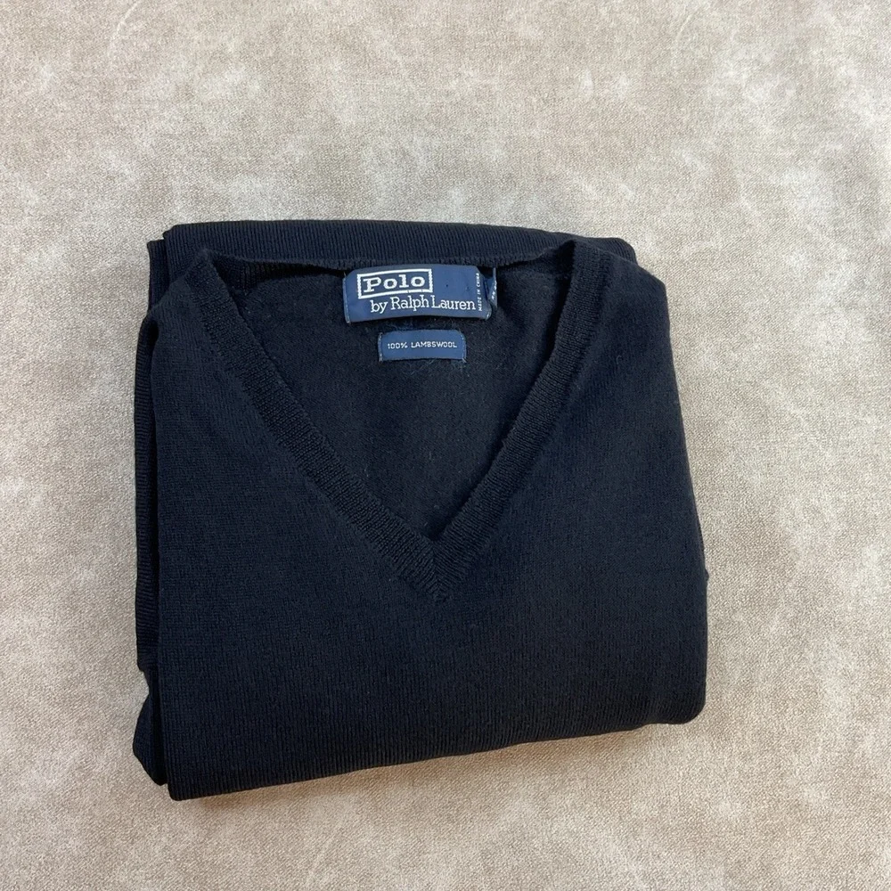 Vintage Polo Ralph Lauren Lambswool‎ V-Neck Sweater Mens XL Navy Blue Pony Knit